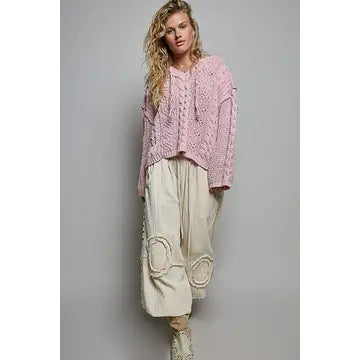 Pink V-Neck Hooded Cable Knit Chenille Sweater - POL