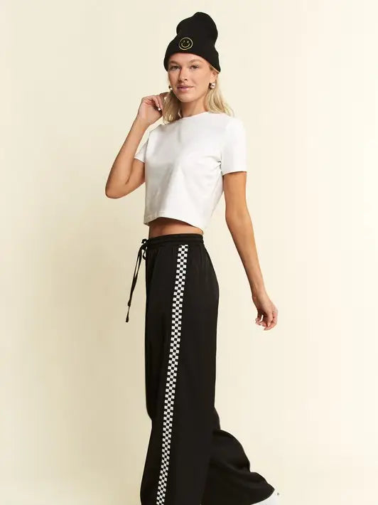 Black Satin Sweatpants w/Side Checkerboard - Jade By Jane