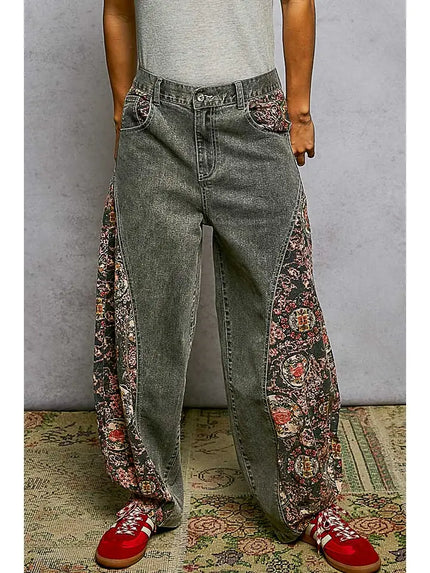 Textured Twill Floral Pattern Pants - POL