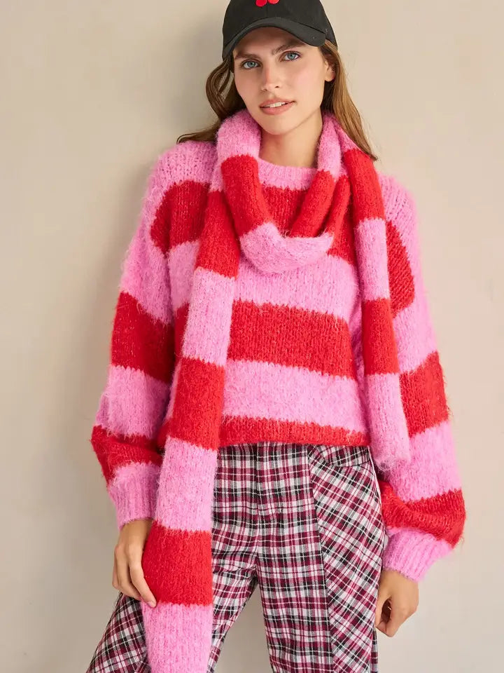 Striped Pink/Red Knit Sweater & Scarf - Jade By Jane