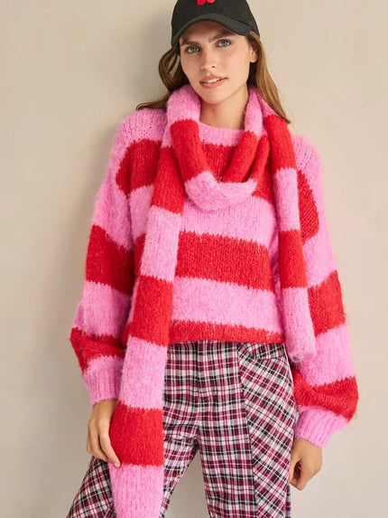 Striped Pink/Red Knit Sweater & Scarf - Jade By Jane