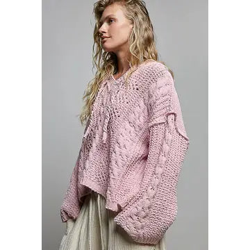 Pink V-Neck Hooded Cable Knit Chenille Sweater - POL
