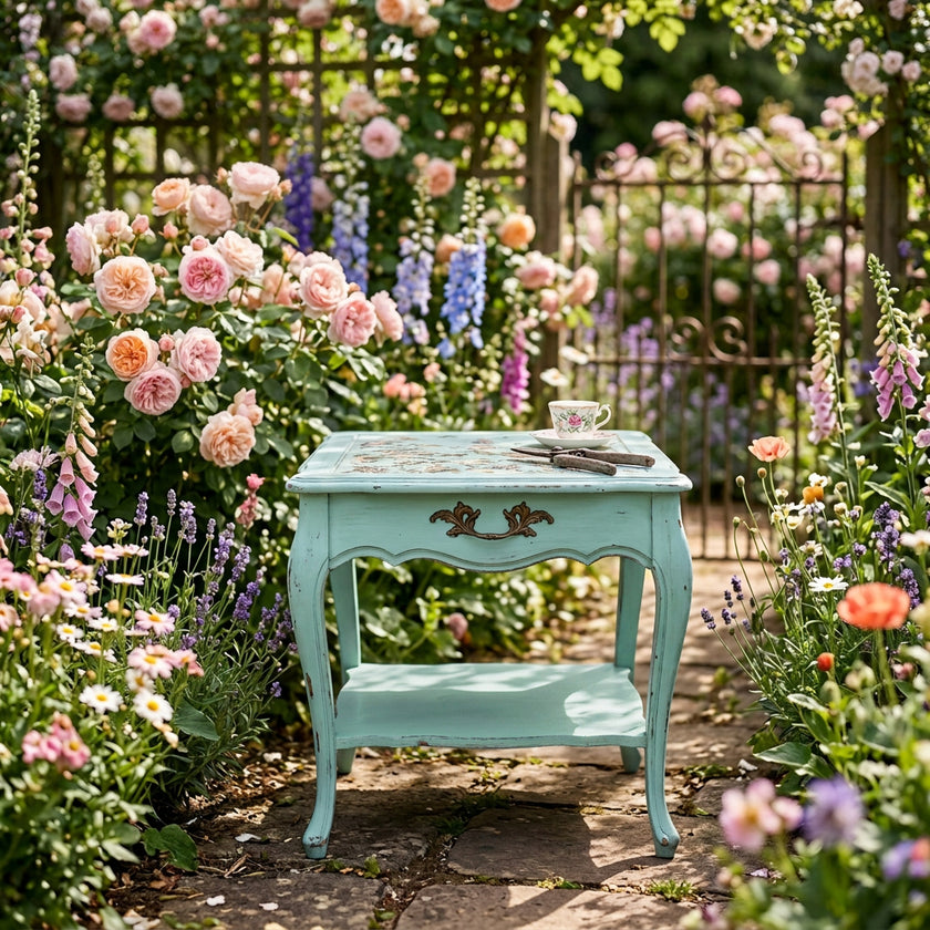 Floral Curvy Side Table - Antique Blue