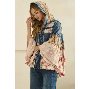 Oli&Hali Tiered Ruffle Hooded Denim Lace Top