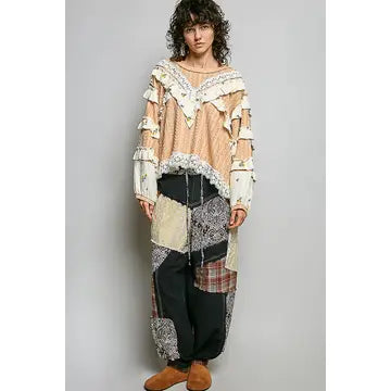 Chevron Peach Knit Lace Ruffle L/S Top - POL