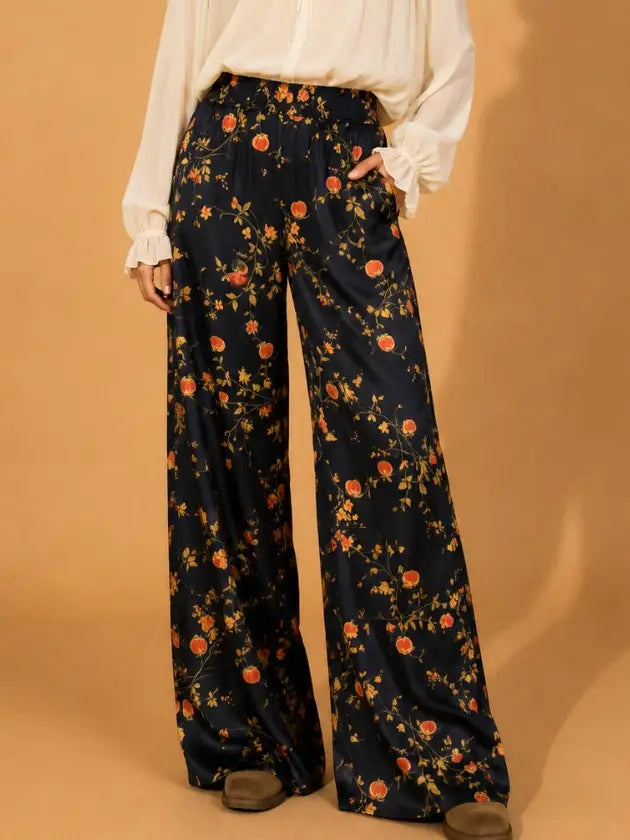 Pumpkin Blossom Print Wide Leg Pants - Jade By Jane