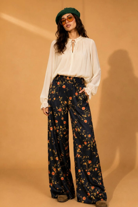 Pumpkin Blossom Print Wide Leg Pants - Jade By Jane