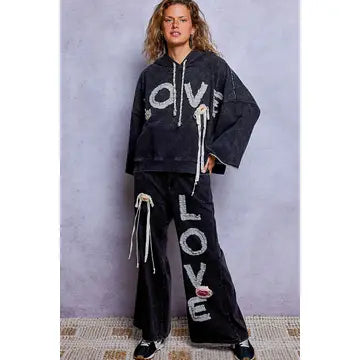 Vintage-Washed French Terry Love Lace Crochet Patch Hoodie - POL