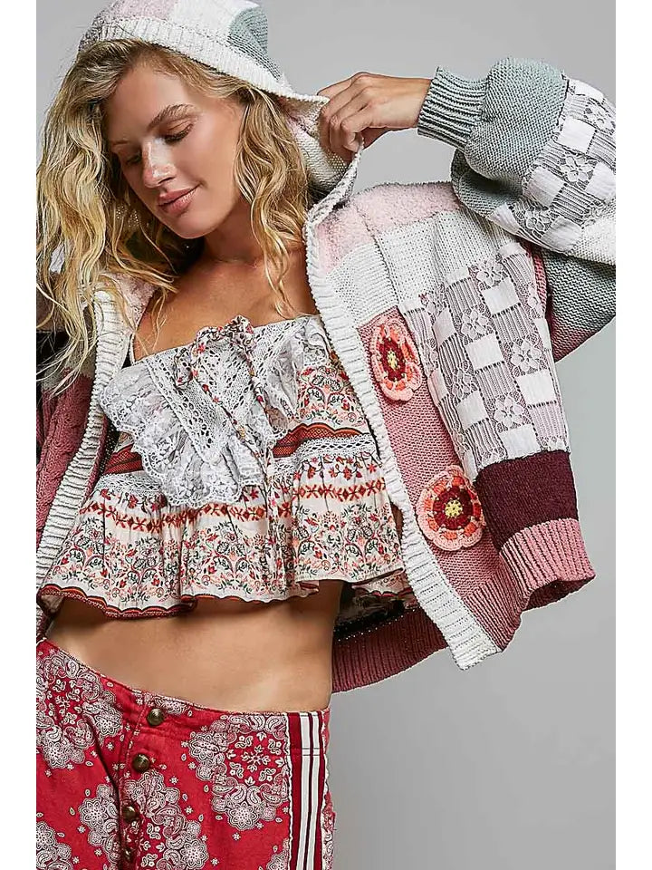 Patchwork Chenille Knit Crochet Cardigan - POL