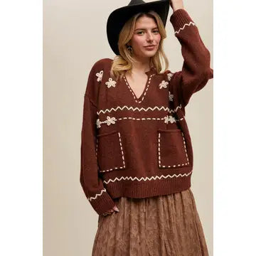 Listicle Floral Embroidered Maple Red Sweater
