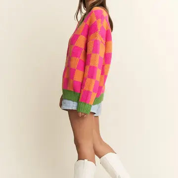 Orange/Pink Checkered Knit Sweater - Jade By Jane
