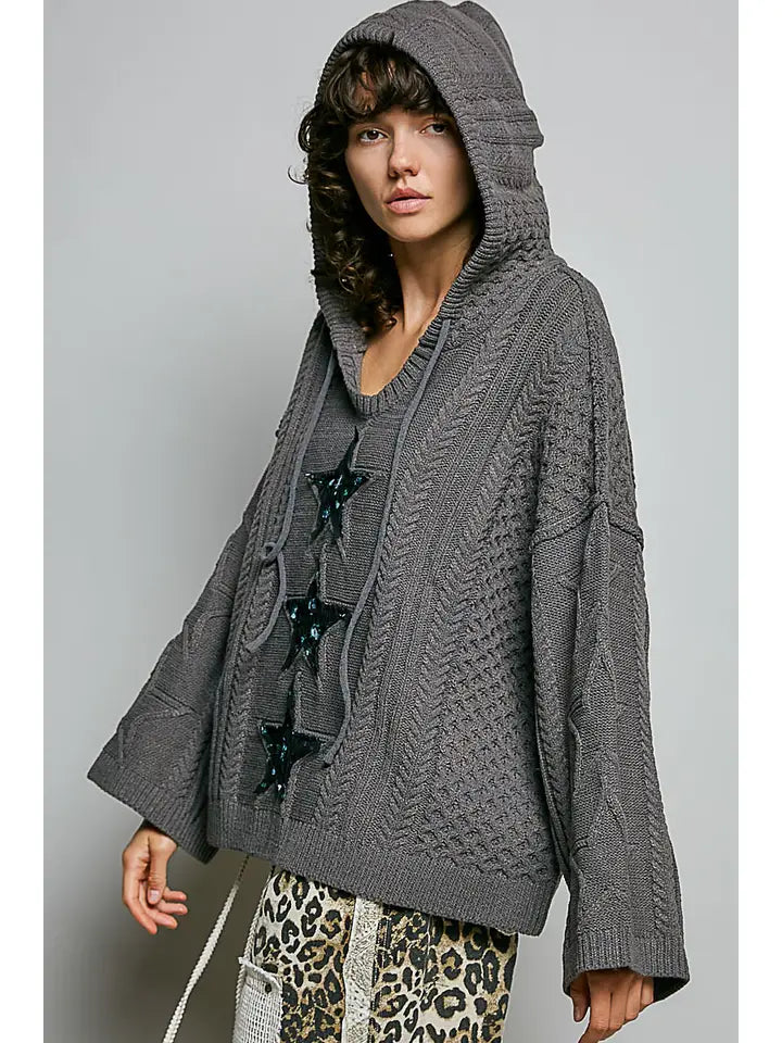 V-Neck Star Lace Patch Sweater - POL