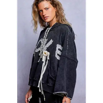 Vintage-Washed French Terry Love Lace Crochet Patch Hoodie - POL