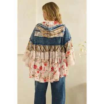 Oli&Hali Tiered Ruffle Hooded Denim Lace Top