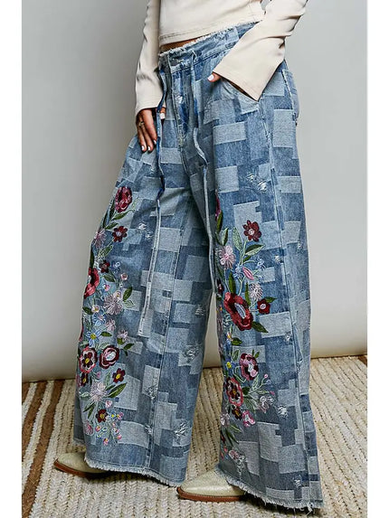 Patchwork Denim Floral Embroidered Pants - POL