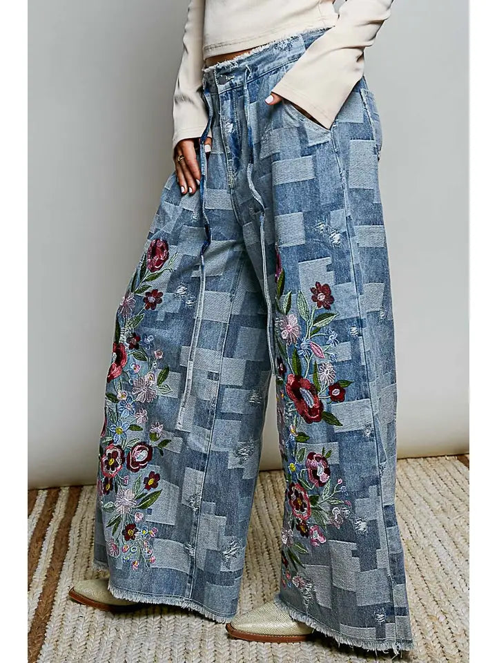 Patchwork Denim Floral Embroidered Pants - POL