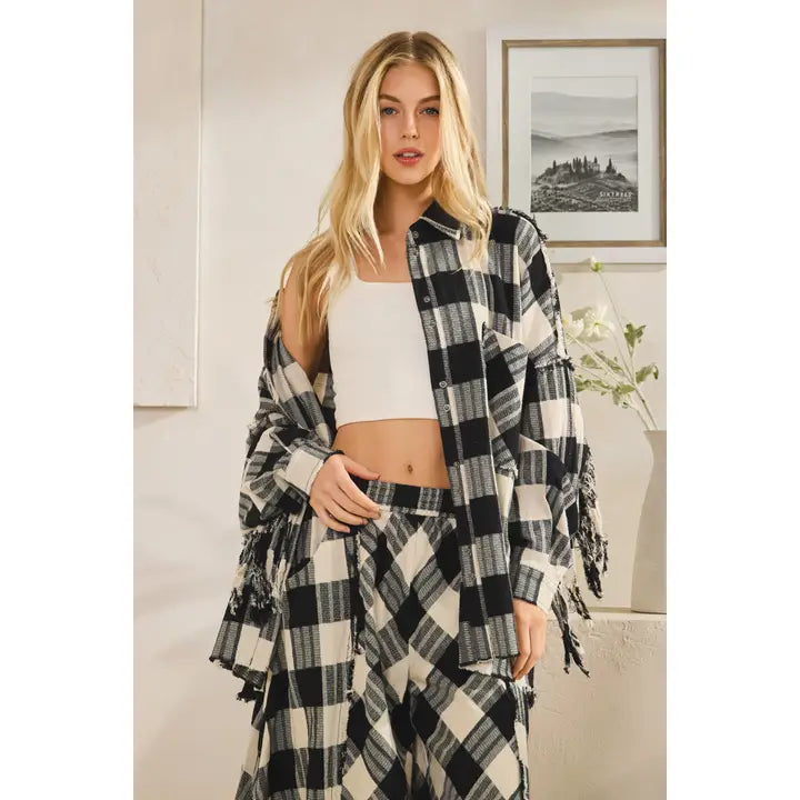 Oli&Hali Frayed Checkered Button Down Top