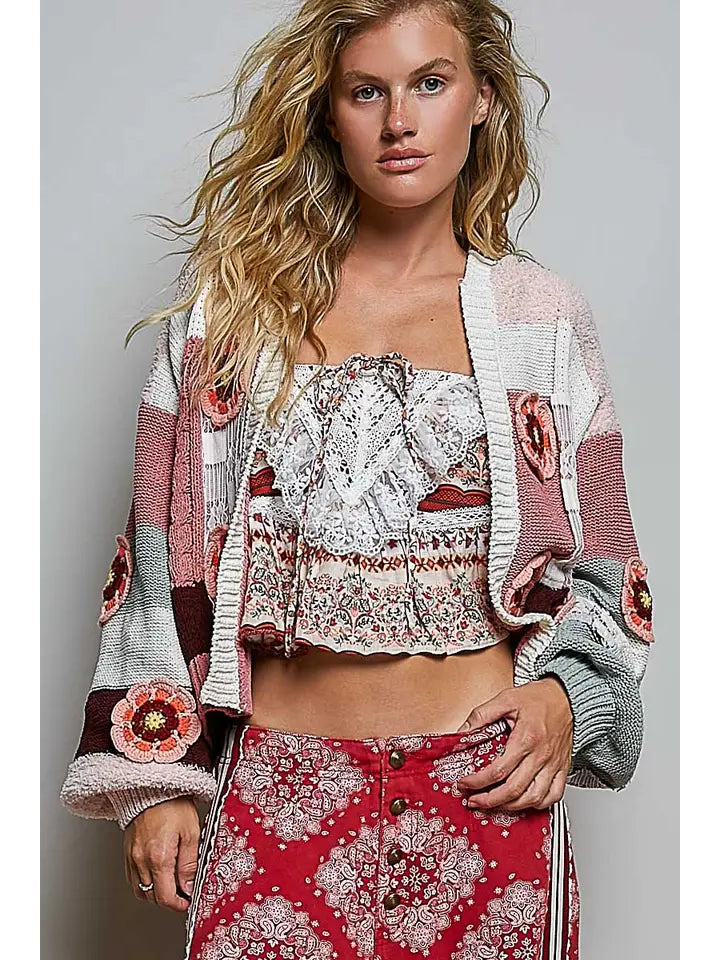 Patchwork Chenille Knit Crochet Cardigan - POL