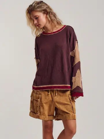 Raw Seam Star Patch Slouchy Knit Top - Urban Daizy