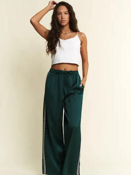 Green Satin Sweatpants w/Side Checkerboard - Jade By Jane