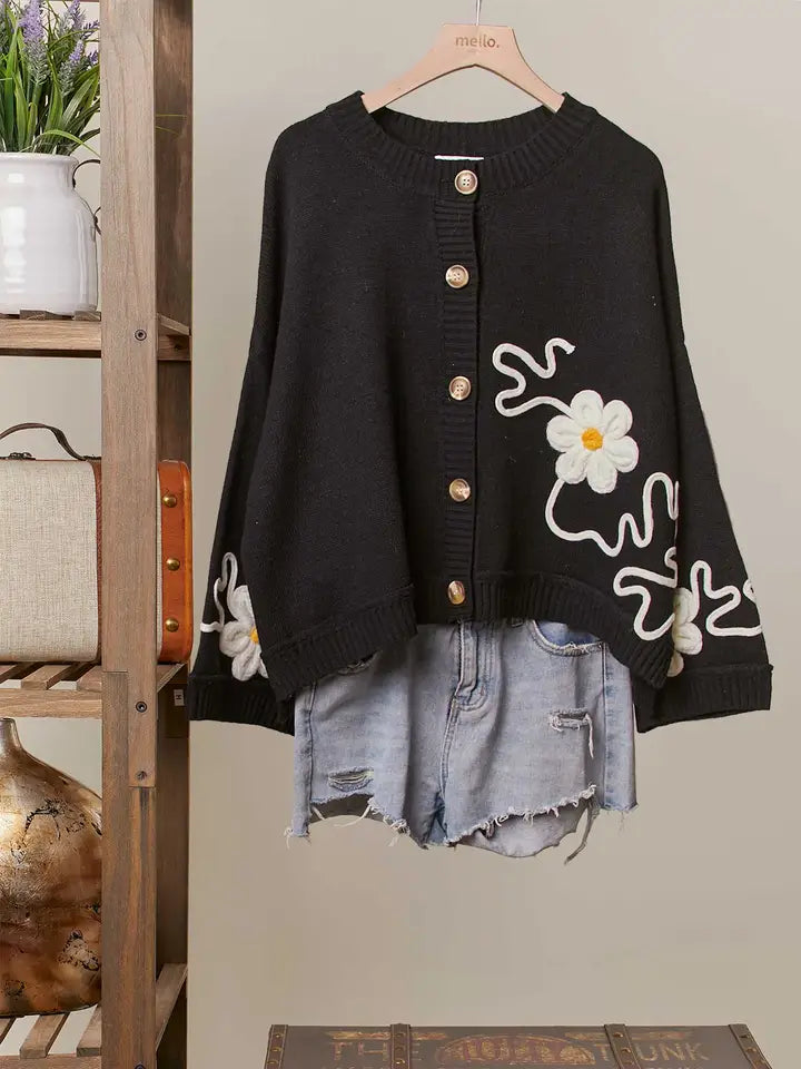 Floral Embroidered Black Cardigan - Mello