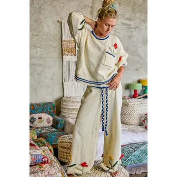 3D Embroidered Cream Chenille Sweater- POL