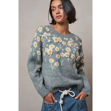 Daisy Embossed 3D Floral Knit Sweater - Urban Daizy
