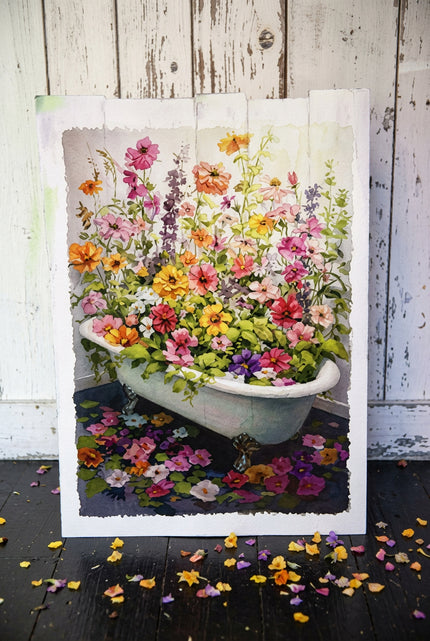 Floral Garden Bathtub Wooden Portrait