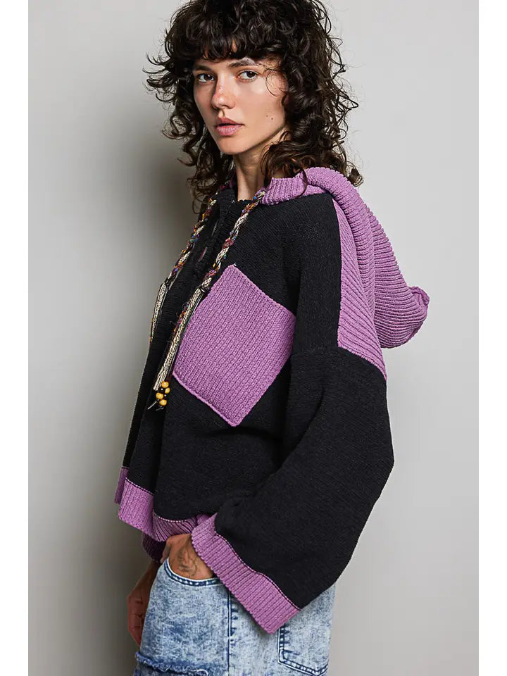 Hooded Drawstring Black Chenille Sweater - POL