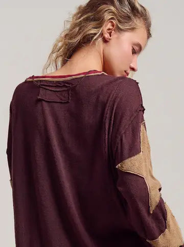 Raw Seam Star Patch Slouchy Knit Top - Urban Daizy