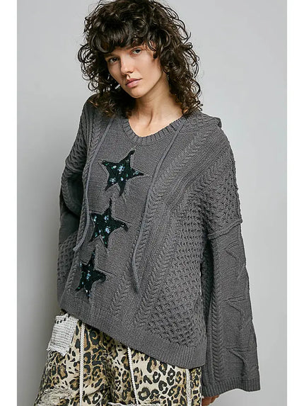 V-Neck Star Lace Patch Sweater - POL