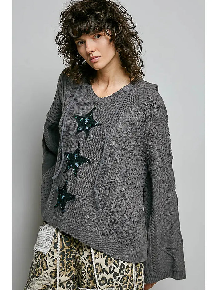 V-Neck Star Lace Patch Sweater - POL