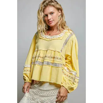 Embroidery Lace Pineapple Square Neck Long Sleeve Top - POL