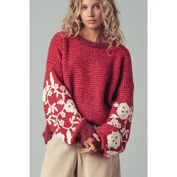 Floral Embroidered Striped Knit Rust Sweater - Urban Daizy