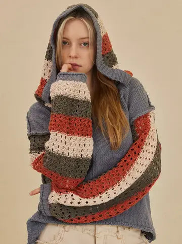 Hooded Stripe Crochet Sweater - Mello