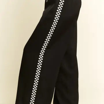 Black Satin Sweatpants w/Side Checkerboard - Jade By Jane