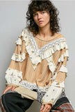 Chevron Peach Knit Lace Ruffle L/S Top - POL