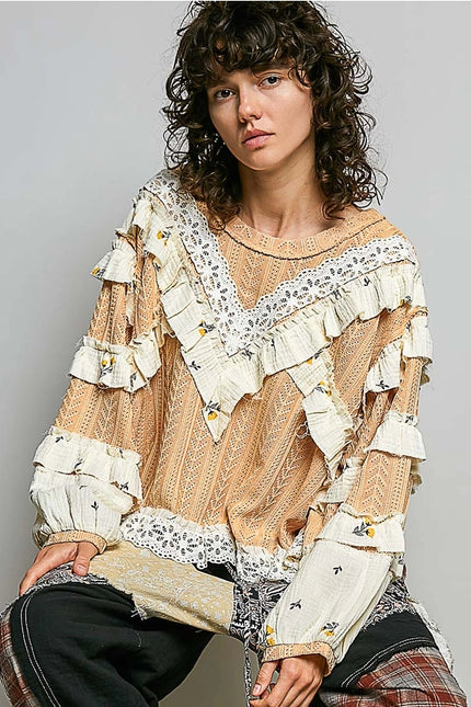 Chevron Peach Knit Lace Ruffle L/S Top - POL