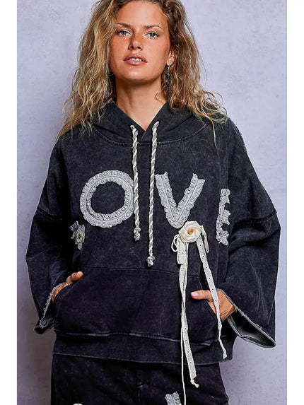 Vintage-Washed French Terry Love Lace Crochet Patch Hoodie - POL