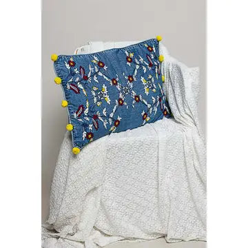 Botanical Pom-Pom Accent Denim Cushion - POL