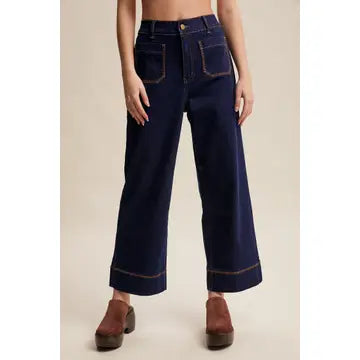 Listicle Contrast Stitch Wide Leg Dark Denim