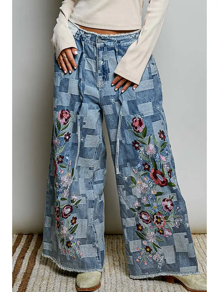 Patchwork Denim Floral Embroidered Pants - POL