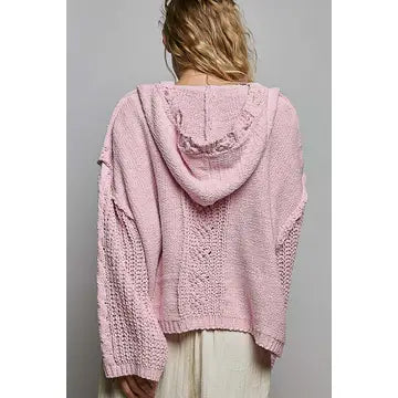 Pink V-Neck Hooded Cable Knit Chenille Sweater - POL