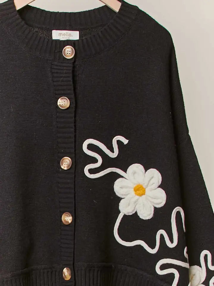 Floral Embroidered Black Cardigan - Mello