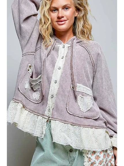 Vintage Wash Button Down Lace Thermal Hoodie Top - POL