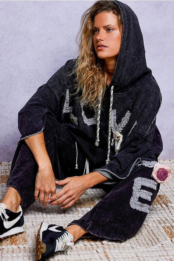 Vintage-Washed French Terry Love Lace Crochet Patch Hoodie - POL