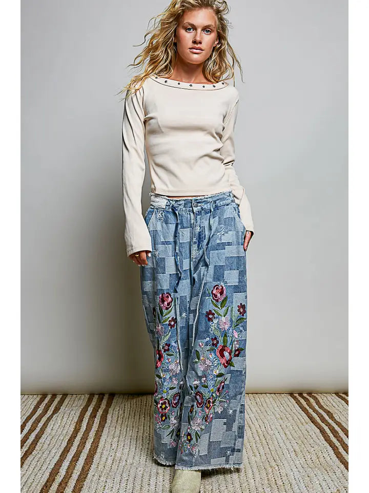 Patchwork Denim Floral Embroidered Pants - POL