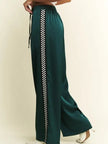 Green Satin Sweatpants w/Side Checkerboard - Jade By Jane