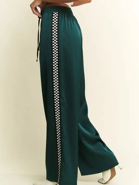 Green Satin Sweatpants w/Side Checkerboard - Jade By Jane