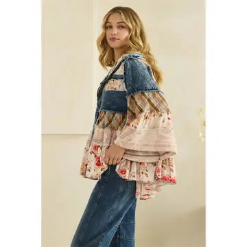 Oli&Hali Tiered Ruffle Hooded Denim Lace Top